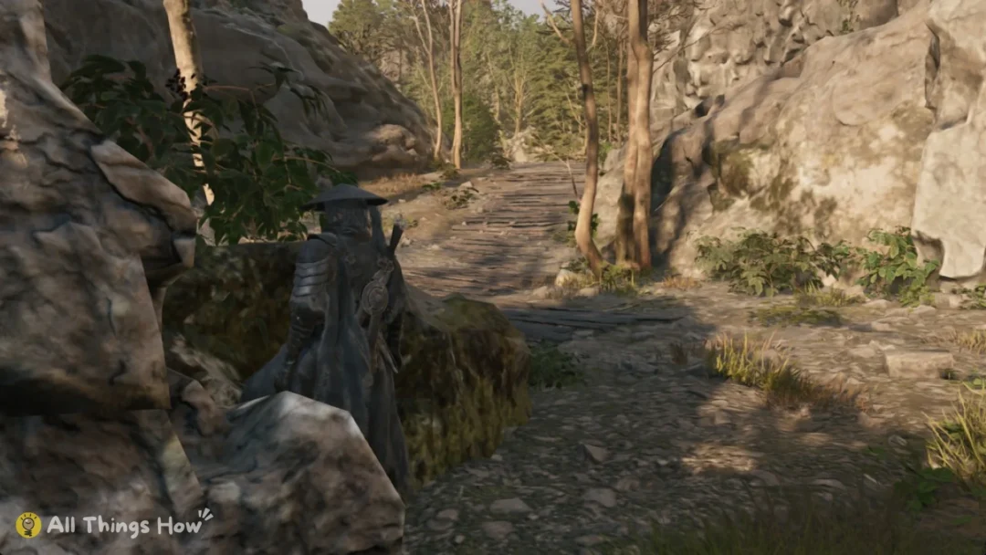 Soul beside a boulder at the edge of a stone forest path, Phantom Blade Zero