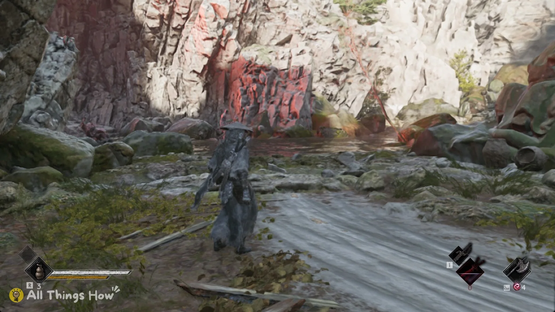 Soul in the creek basin with red cliffs past the Crimson Forest gorge, Phantom Blade Zero