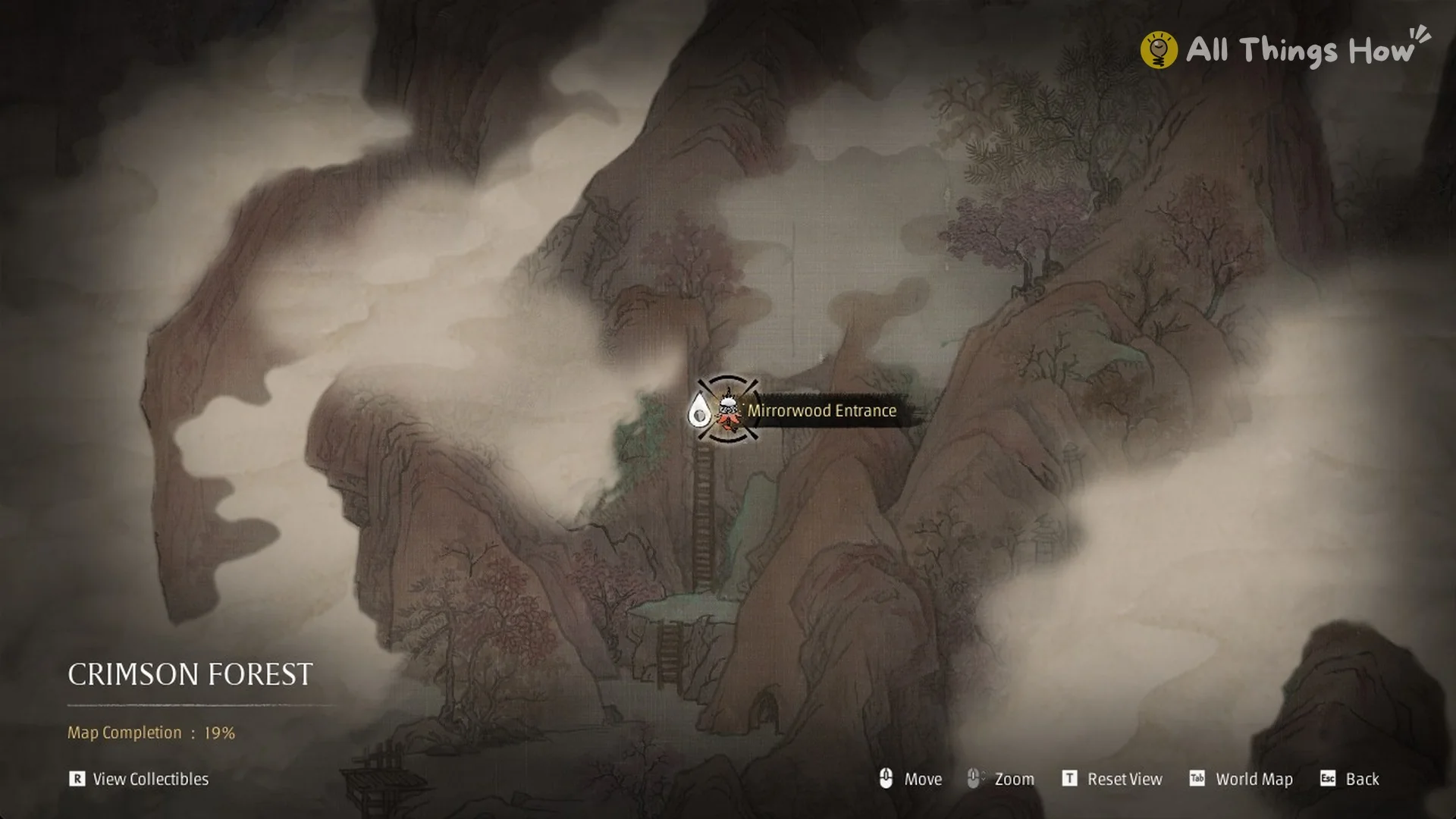 Crimson Forest map with the Mirrorwood Entrance bell and Map Completion 19 percent, Phantom Blade Zero