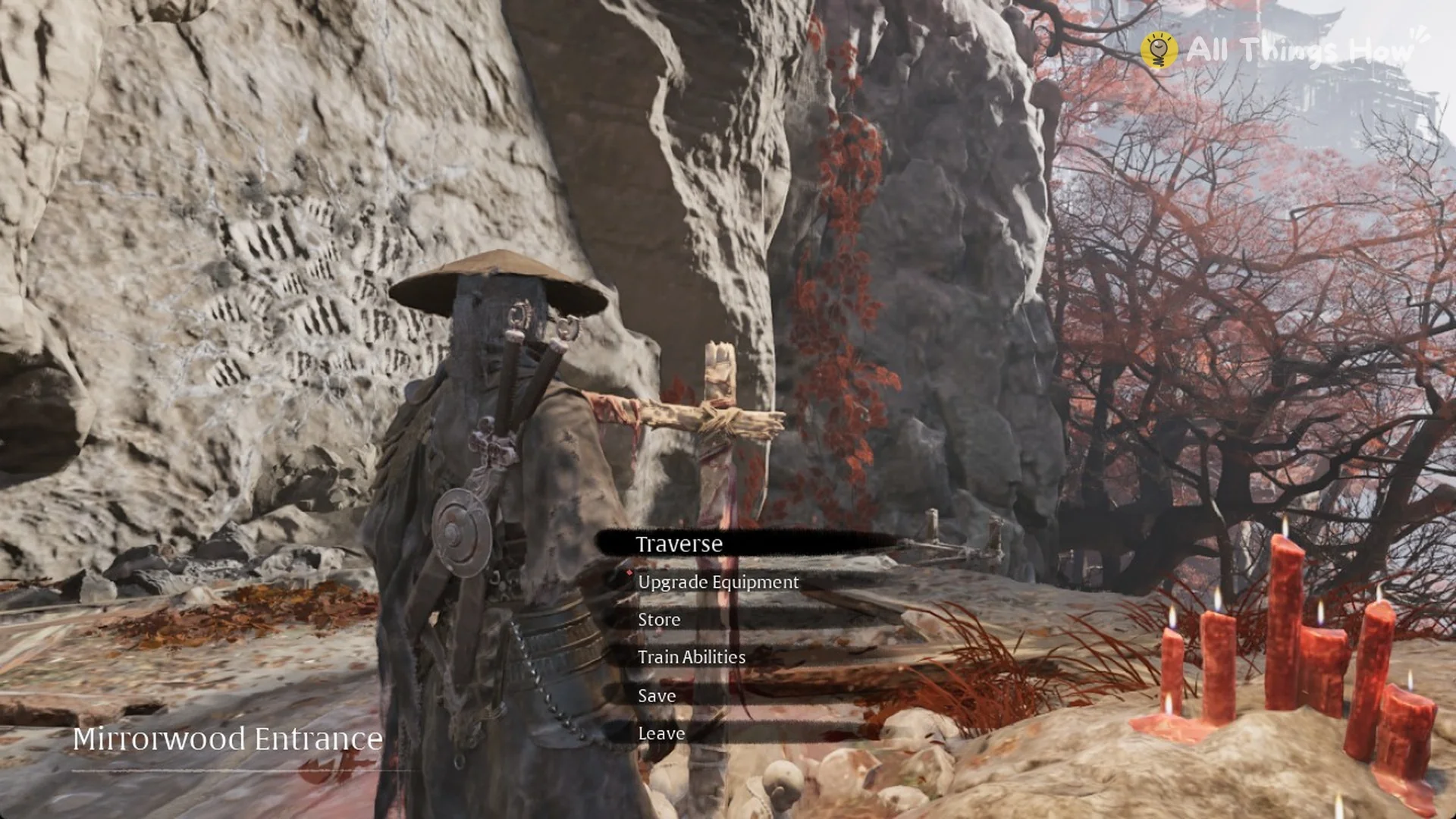 Mirrorwood Entrance bell menu with Traverse, Upgrade Equipment, Store, Train Abilities, Save and Leave, Phantom Blade Zero