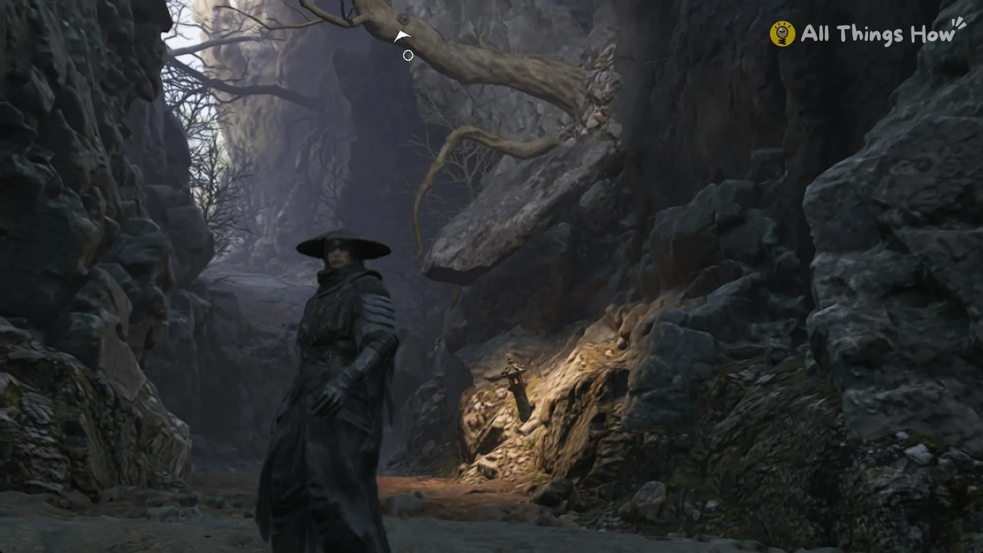 Grapple anchor on an overhanging branch above the rocky gorge path, Phantom Blade Zero