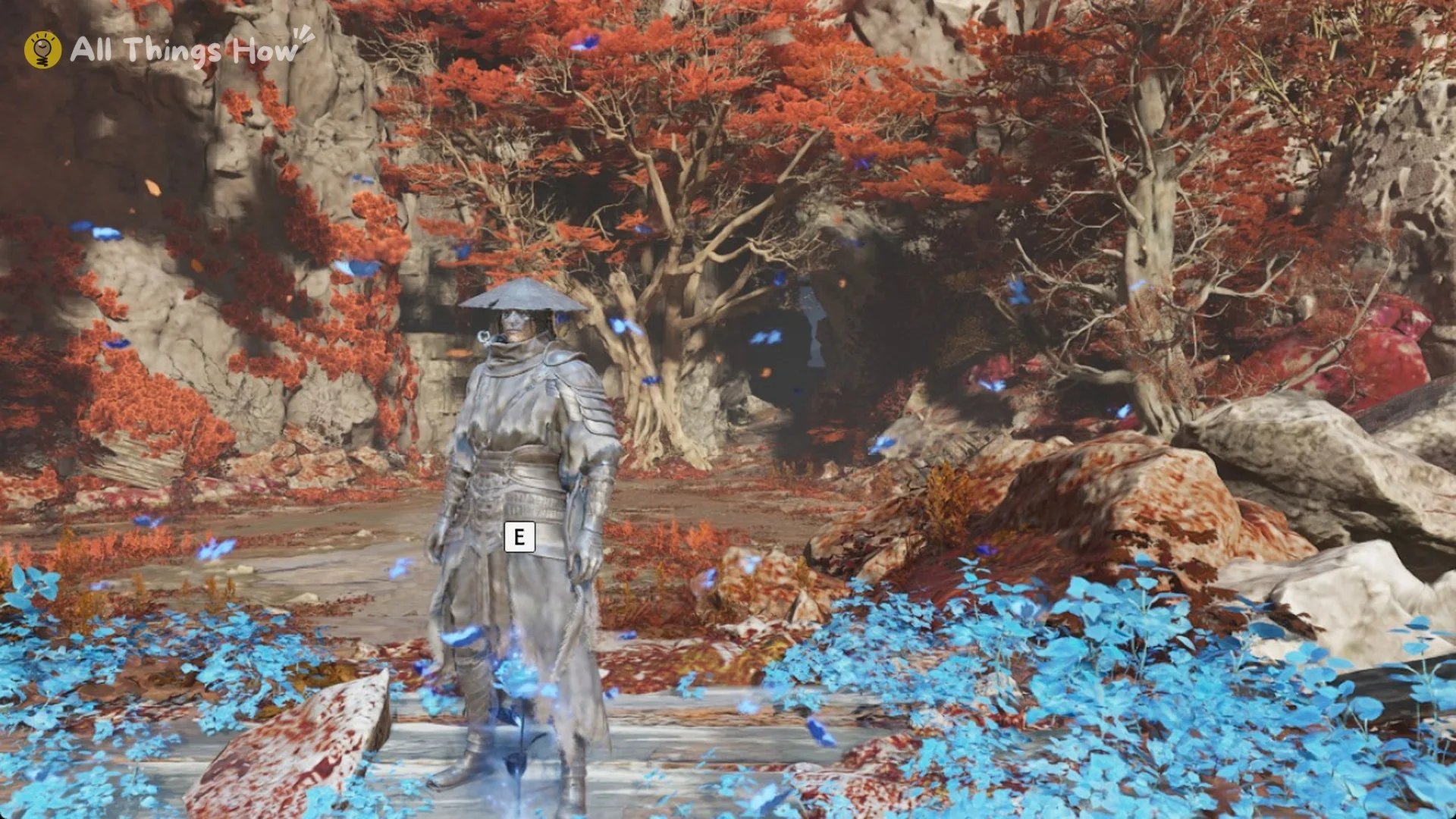 Soul in the blue Memory Flower patch on a plank walkway at the edge of the Iron Fever clearing with the E prompt, Phantom Blade Zero