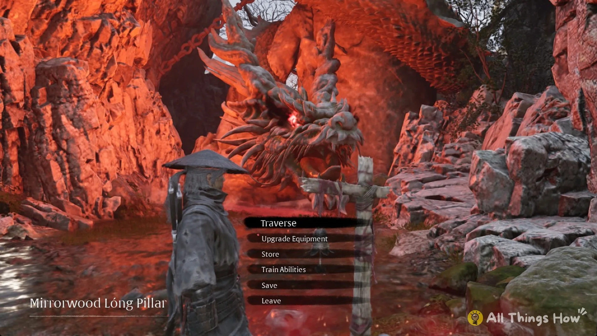 Mirrorwood Long Pillar bell menu with Traverse, Upgrade Equipment, Store, Train Abilities, Save and Leave, Phantom Blade Zero