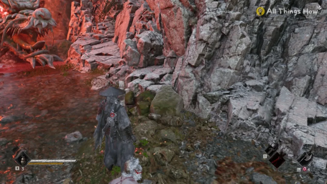 Soul on the red-lit ground of the creek basin beside the dragon carving near the Mirrorwood Long Pillar bell, Phantom Blade Zero