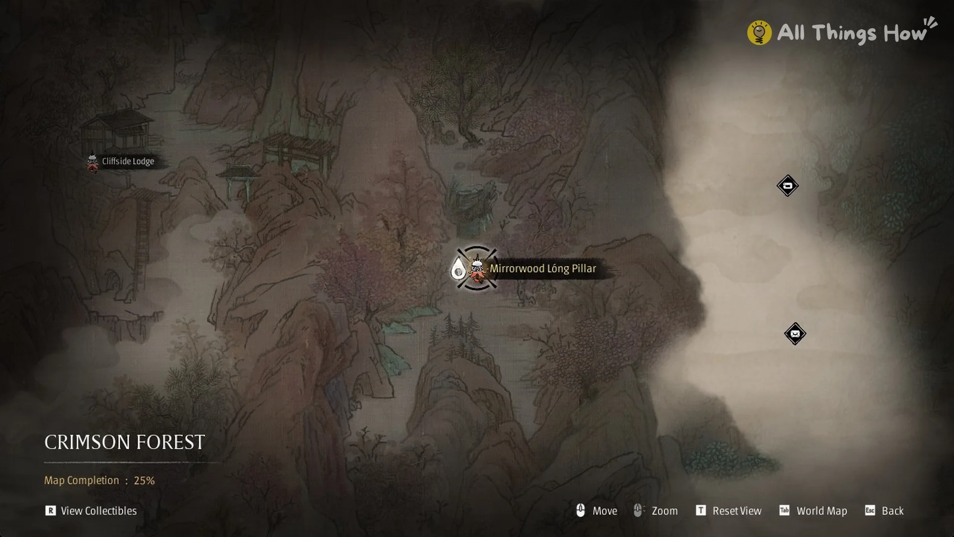 Crimson Forest map with the Mirrorwood Long Pillar pin and Map Completion 25 percent, Phantom Blade Zero