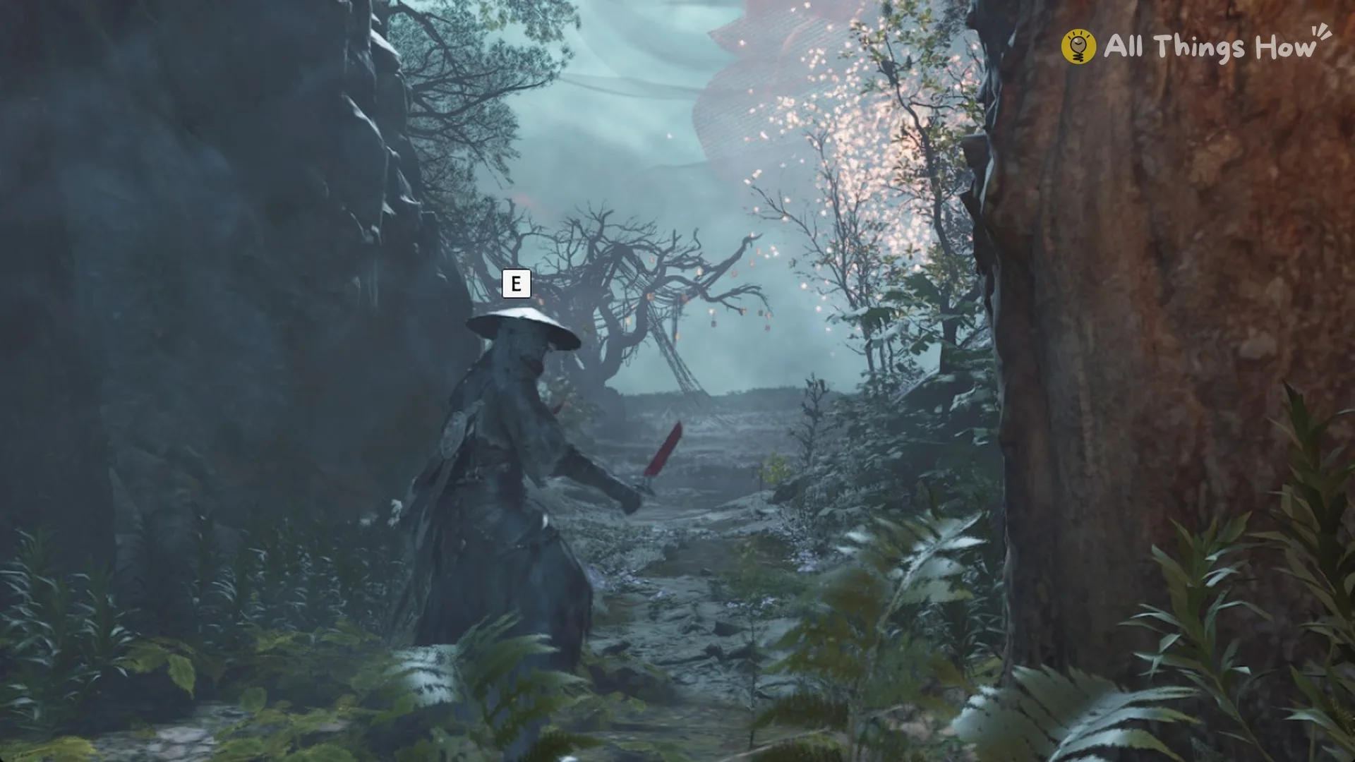 The opened path to the blossoming dead tree in red mist with the E prompt, Phantom Blade Zero