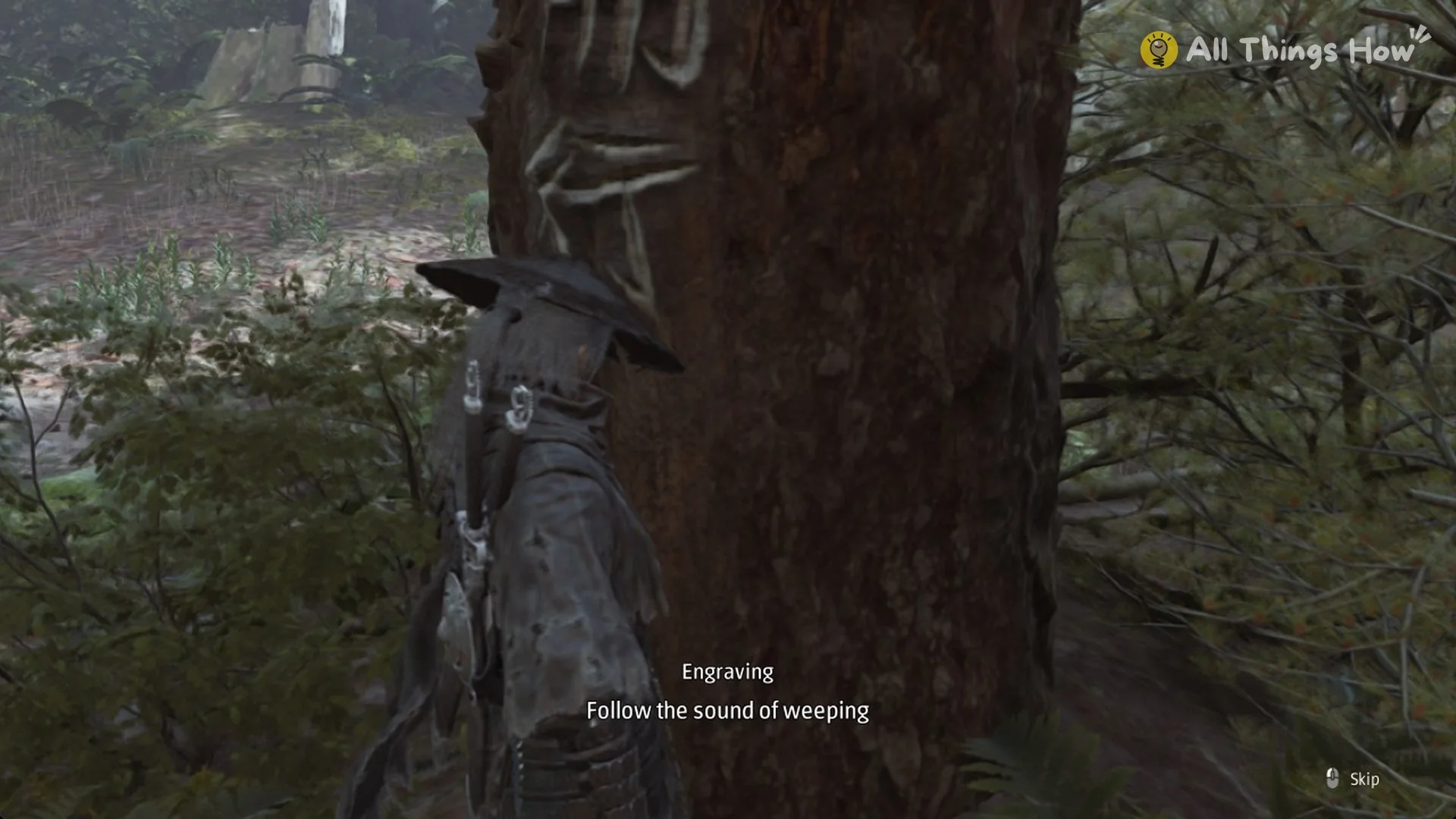 The carved tree by the petal VI flower bed showing the engraving Follow the sound of weeping, Phantom Blade Zero