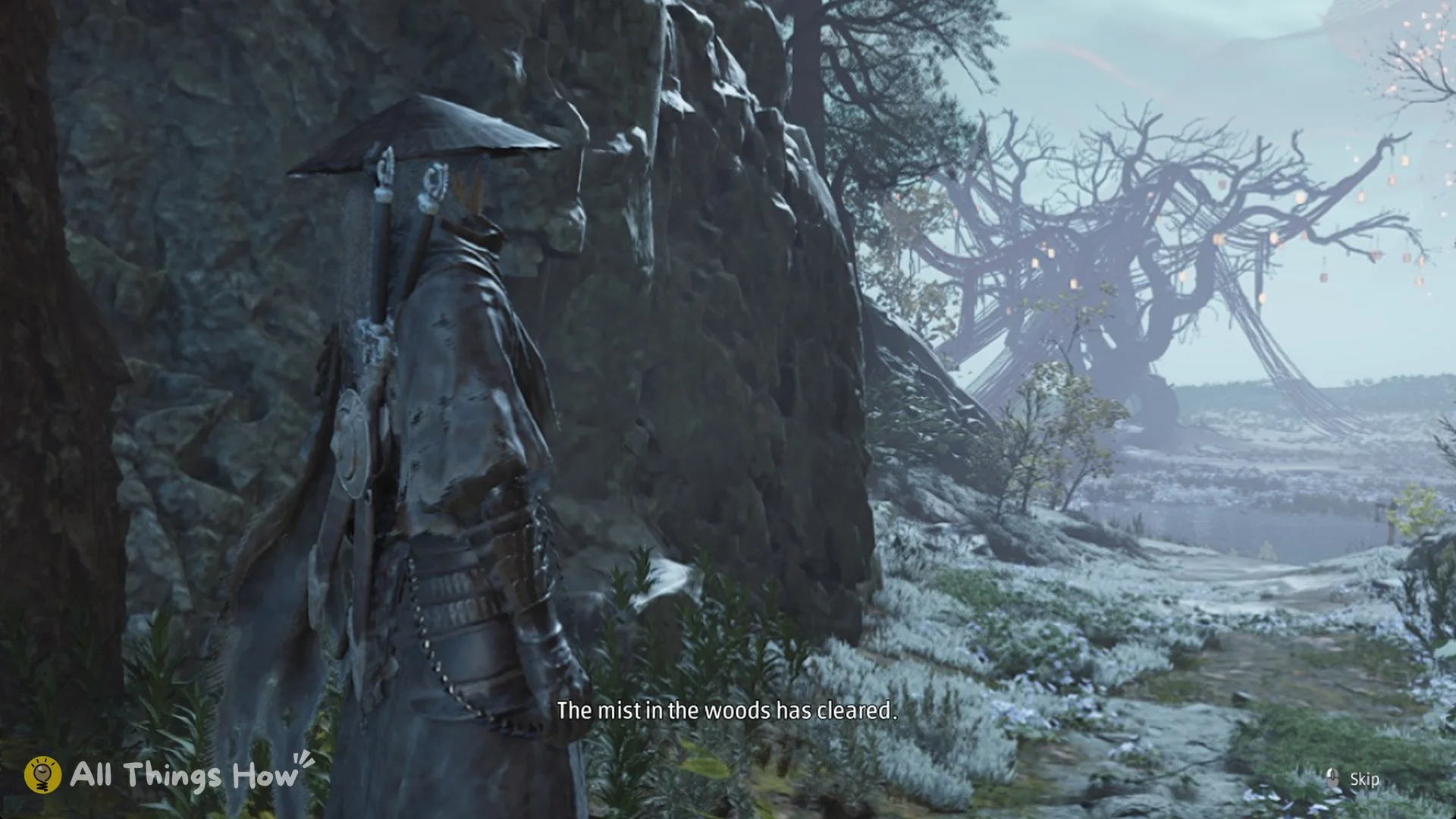 The message The mist in the woods has cleared beside the blossoming dead tree, Phantom Blade Zero
