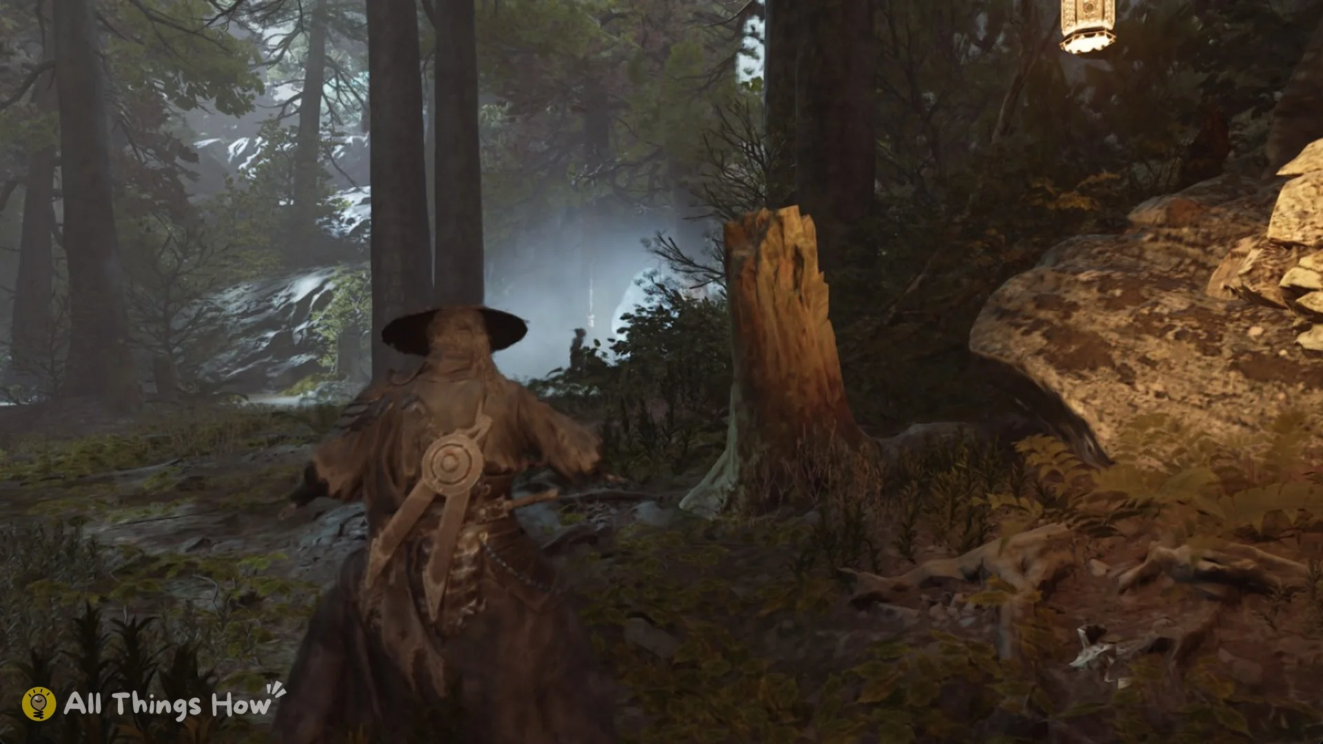 The start spot of the portal ring among tall trees with a hanging lantern, Phantom Blade Zero