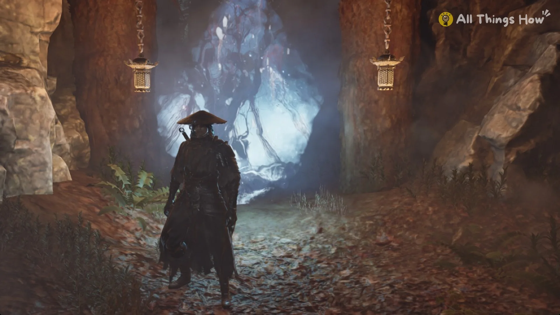 Soul in front of the glowing portal between two lantern trees in the rock cut, Mirrorwood Depths, Phantom Blade Zero