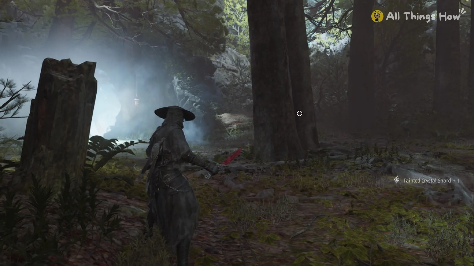 Soul by a broken stump in the portal ring picking up a Tainted Crystal Shard, Phantom Blade Zero