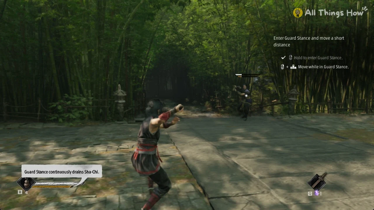 Phantom Blade Zero heroine moving in Guard Stance with the tooltip Guard Stance continuously drains Sha-Chi