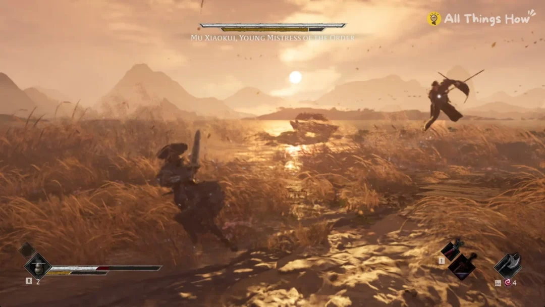 Mu Xiaokui leaping above the lake at sunset as Soul closes in, Phantom Blade Zero