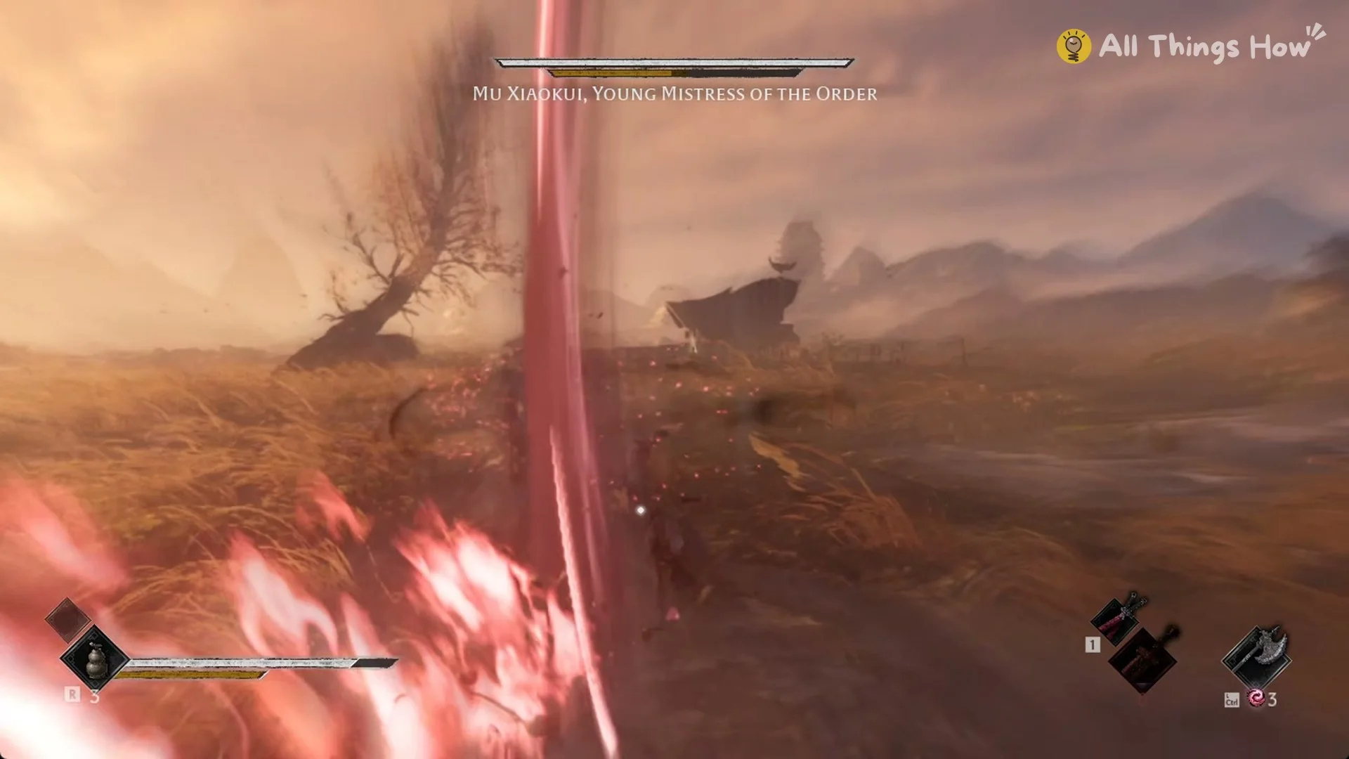 A red burst erupting at Soul's feet during the Mu Xiaokui fight, Phantom Blade Zero