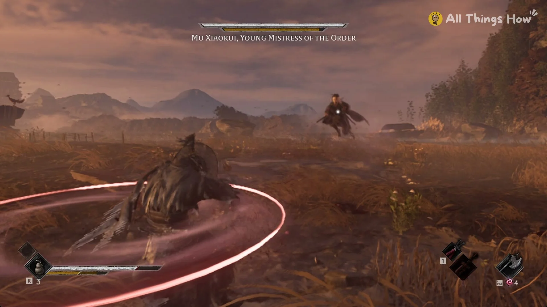 Crimson rings spinning around Soul during Mu Xiaokui's spinning combo, Phantom Blade Zero