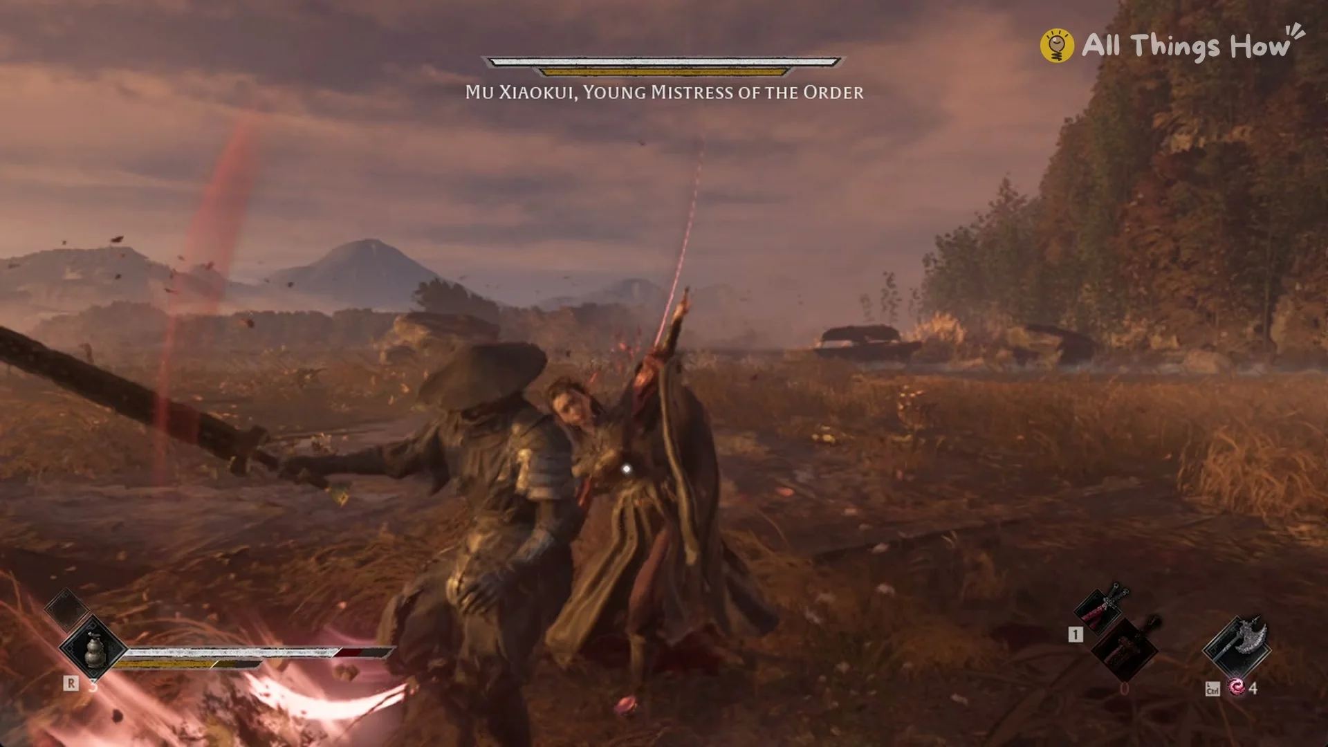 A crimson slash from Mu Xiaokui catching Soul up close, Phantom Blade Zero
