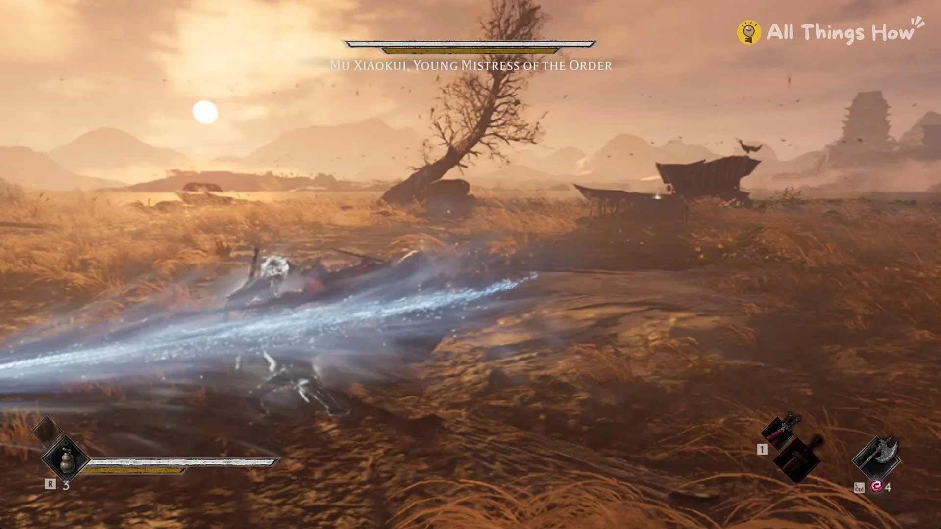 Mu Xiaokui dashing across the reeds trailing a white-blue streak, Phantom Blade Zero