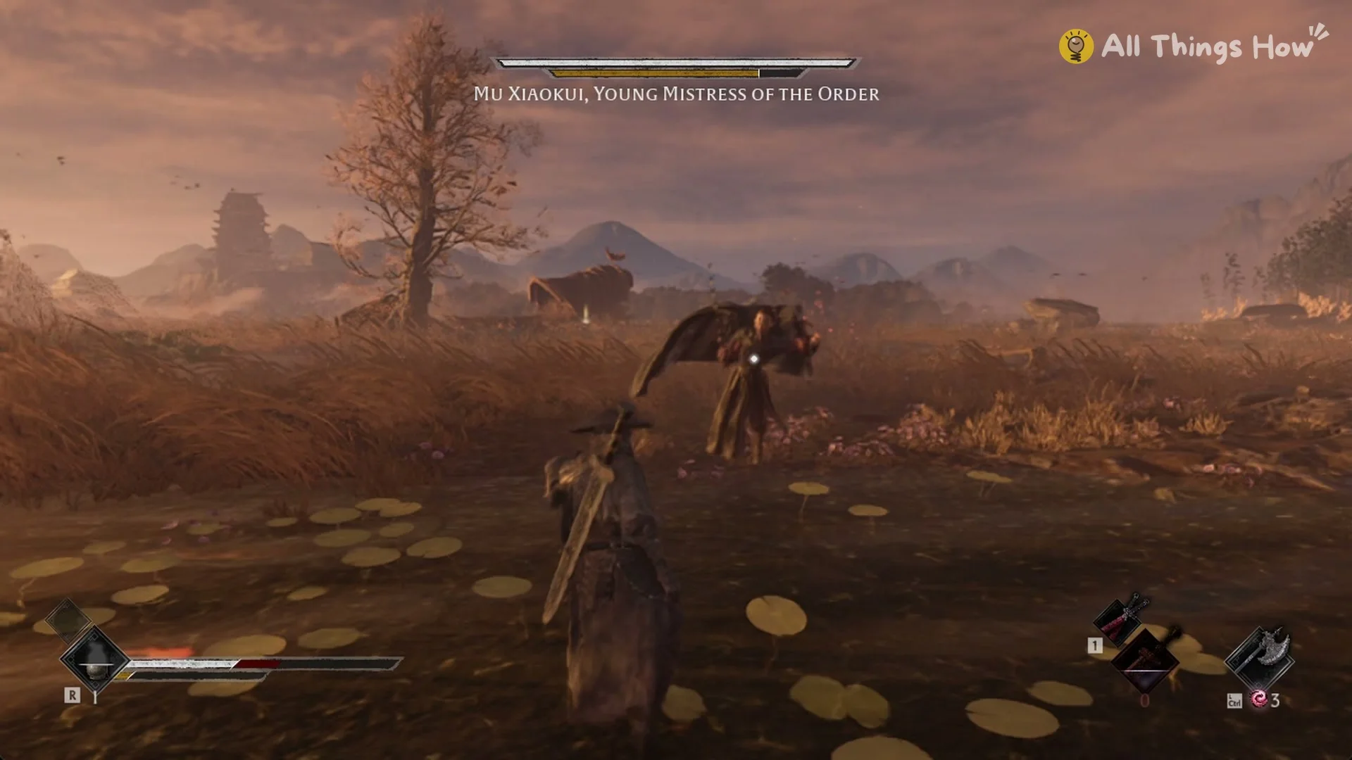 Soul facing Mu Xiaokui among the lily pads in her first phase, Phantom Blade Zero