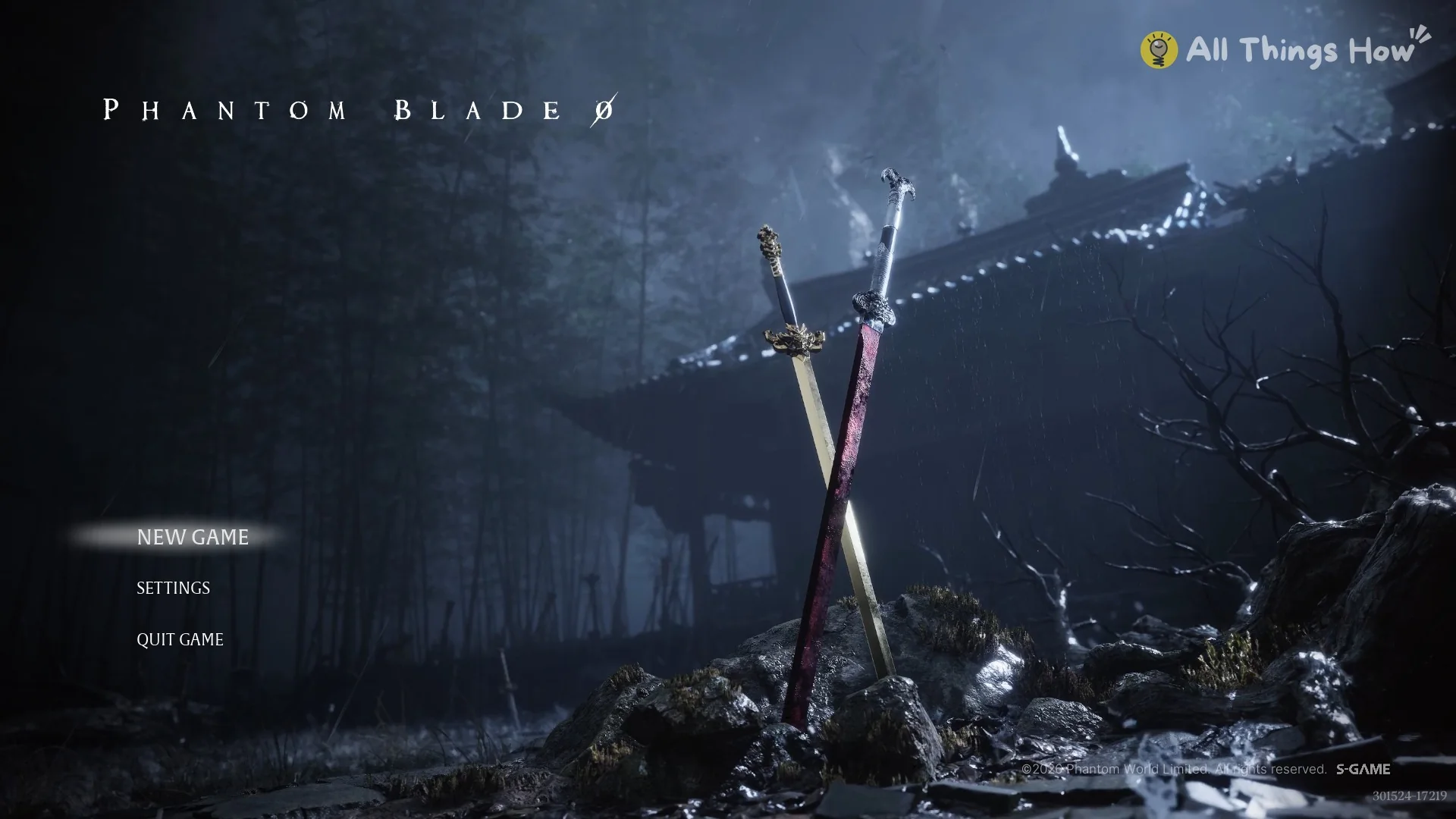 Phantom Blade Zero title screen with NEW GAME, SETTINGS and QUIT GAME and no online option