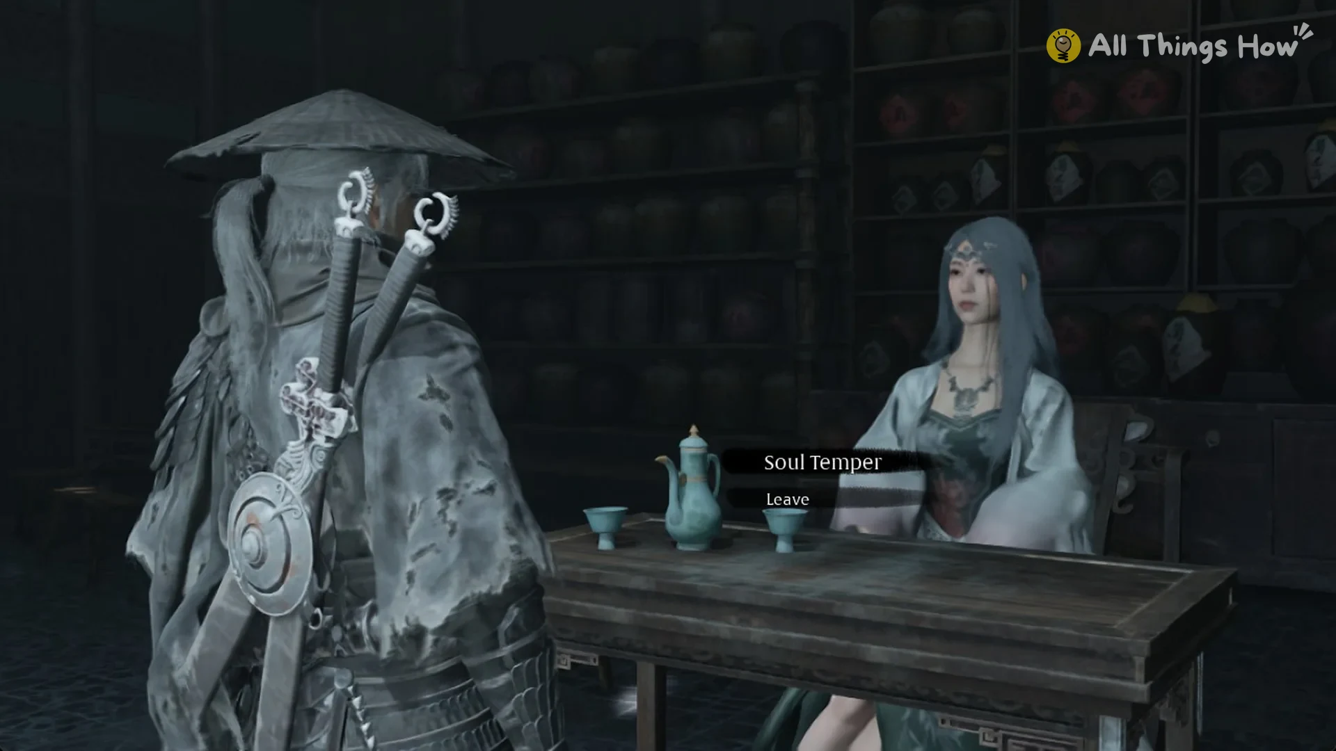 Myst's menu showing Soul Temper and Leave in Phantom Blade Zero