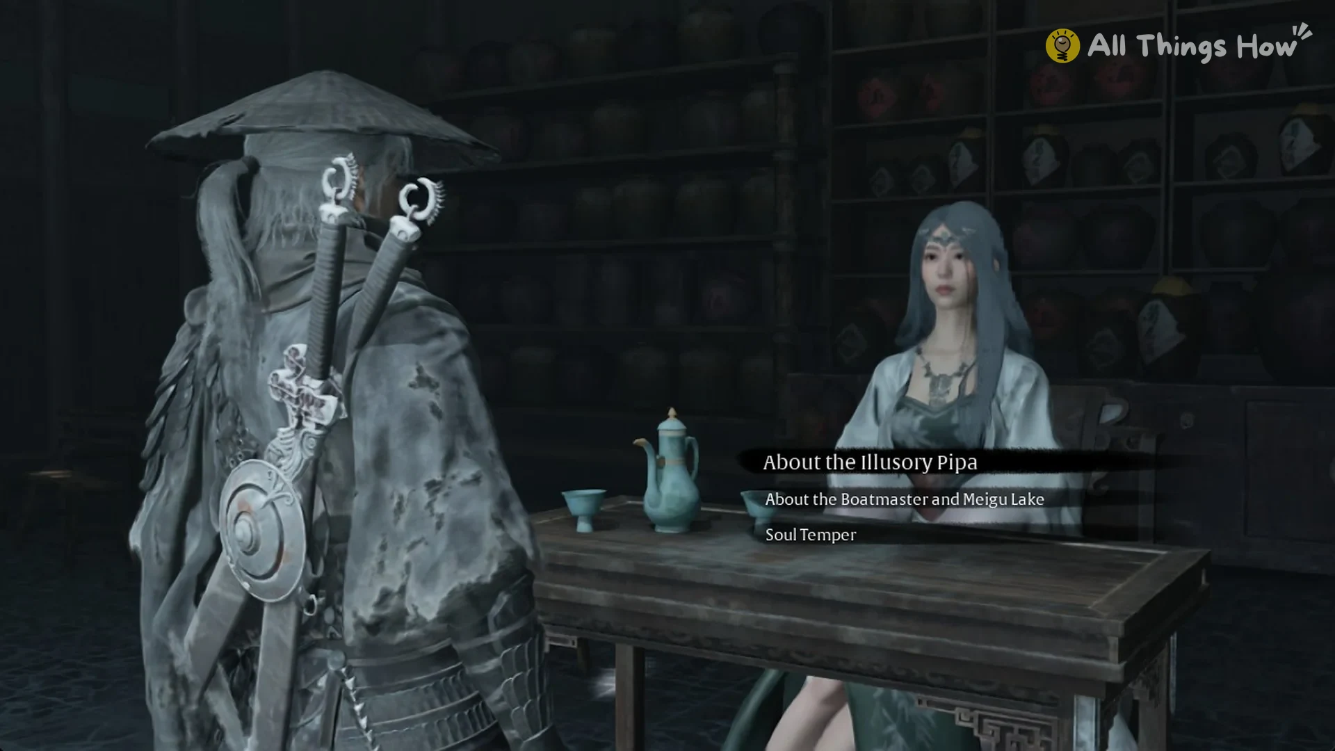 Soul sits across from Myst at her table in the Order's tavern, with the talk options About the Illusory Pipa, About the Boatmaster and Meigu Lake, and Soul Temper