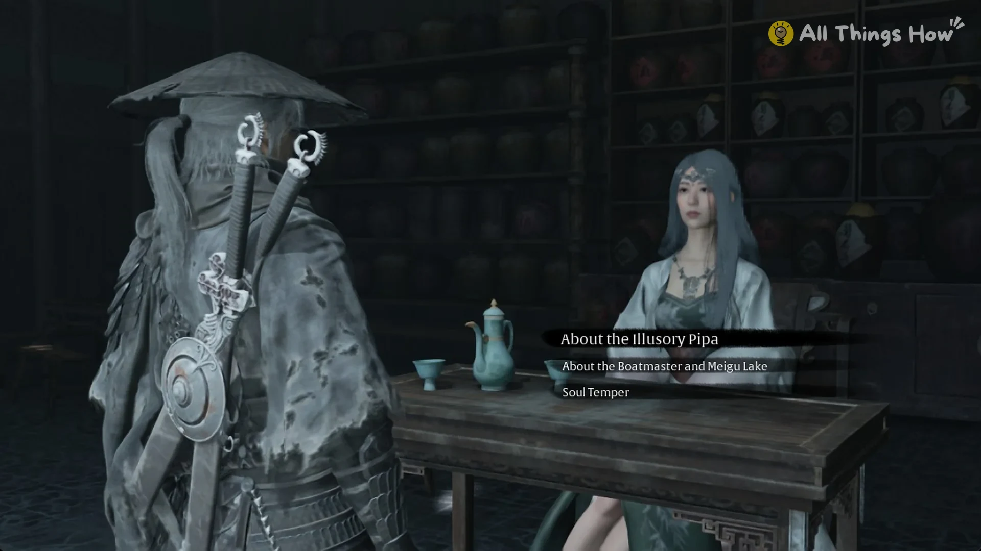 Myst at her table in the Order's underground tavern with her talk options in Phantom Blade Zero