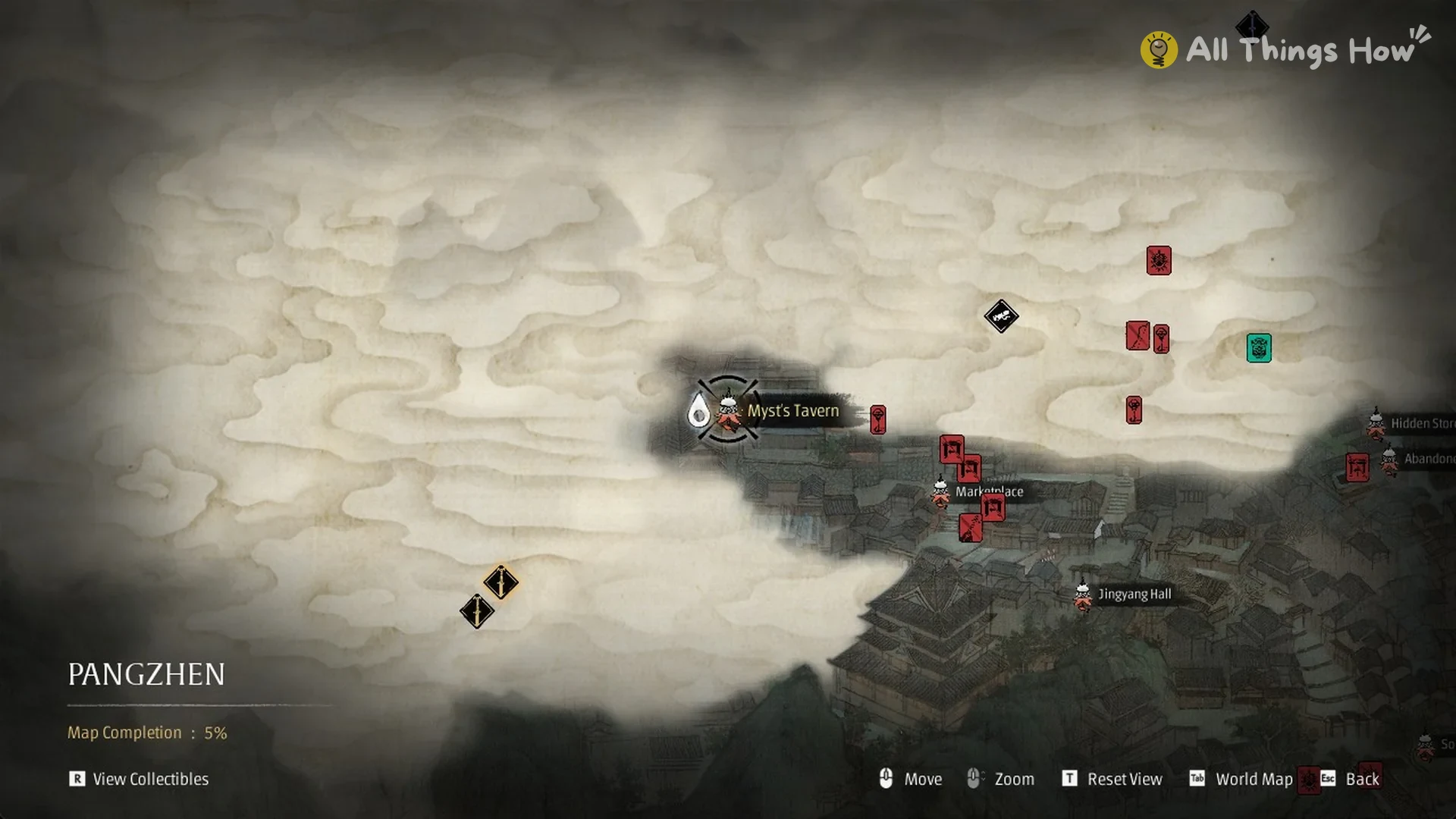 Pangzhen map with Myst's Tavern bell marked beside the Marketplace in Phantom Blade Zero