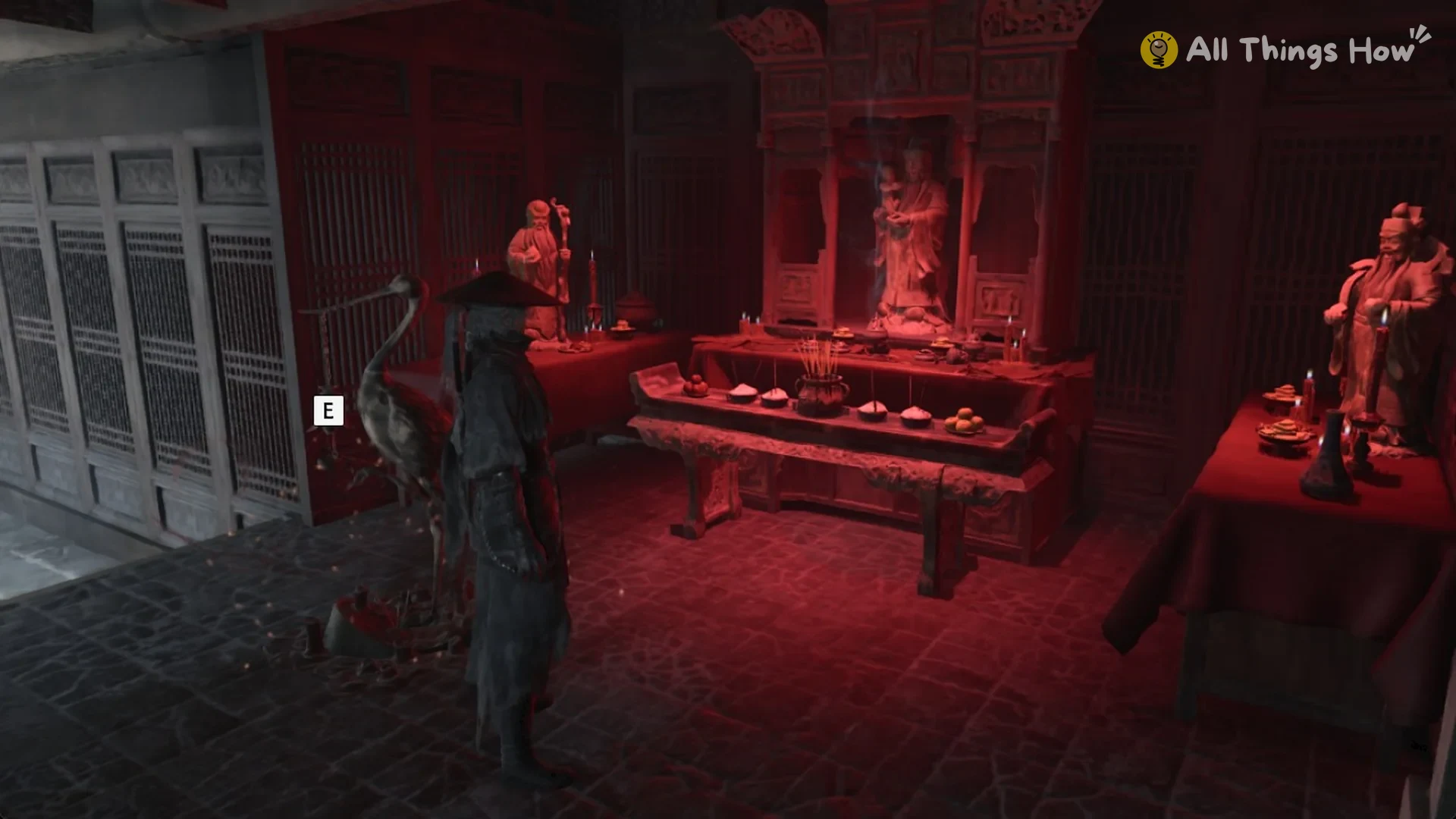 Soul in the red-lit shrine room of Myst's Tavern bell with the E prompt in Phantom Blade Zero