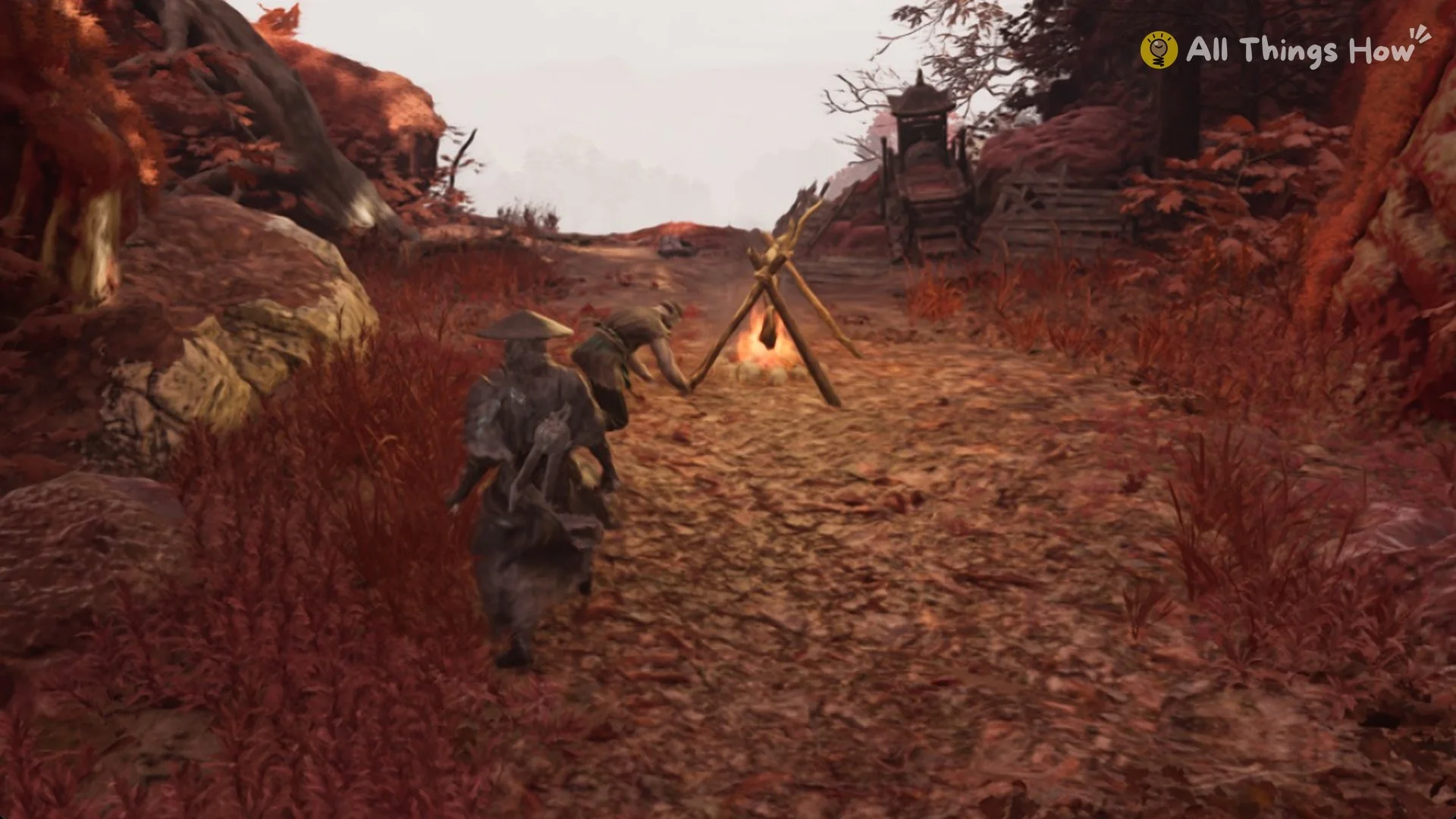 Lone bandit tending the campfire on the plateau north of Outlaw Trap in Phantom Blade Zero