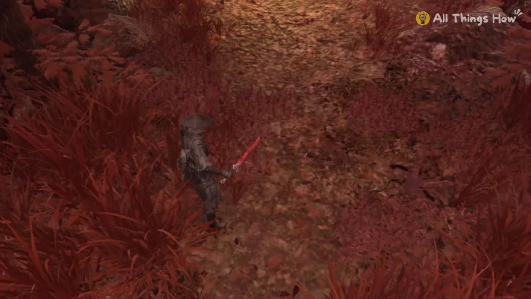 Soul climbing the red-grass slope north of Outlaw Trap toward the campfire plateau in Phantom Blade Zero