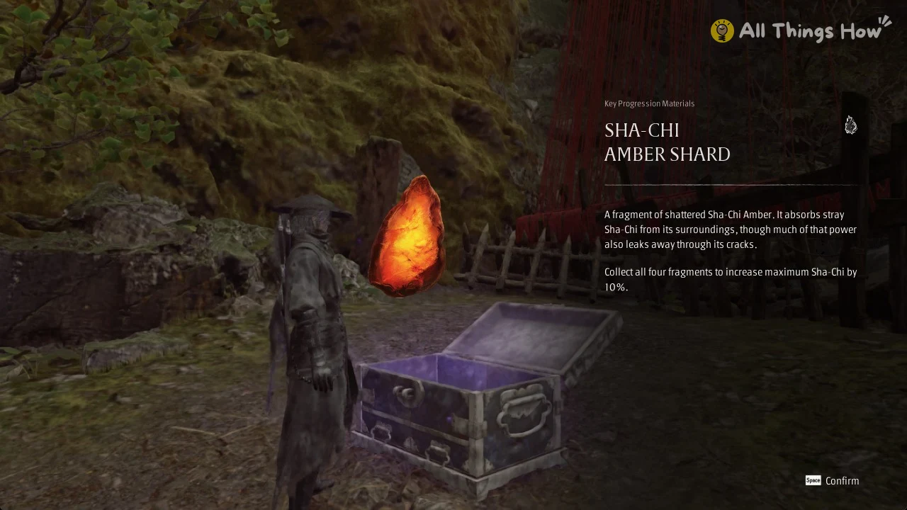 Soul beside the open chest with the Sha-Chi Amber Shard item card in Phantom Blade Zero