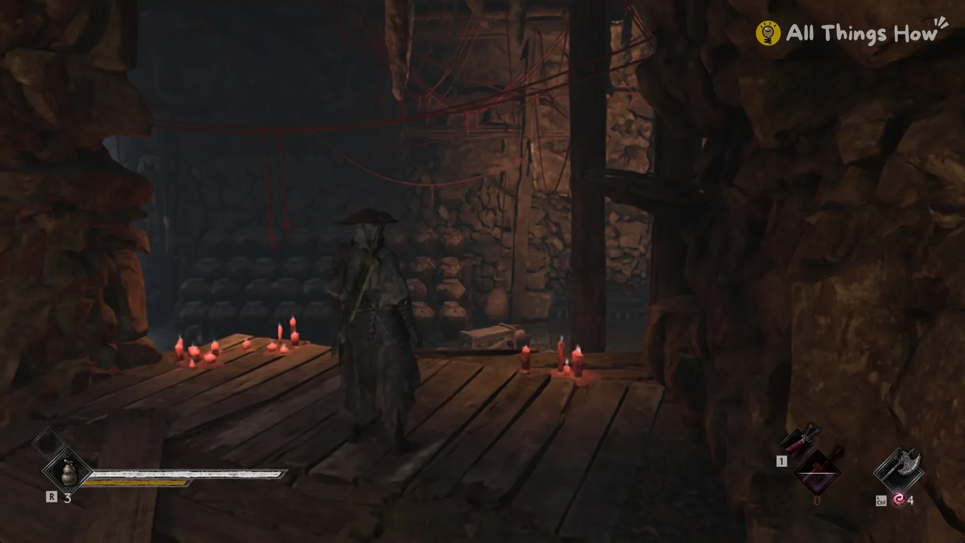 Wooden platform with red candles above the Outer Gate Key jar cellar, Phantom Blade Zero