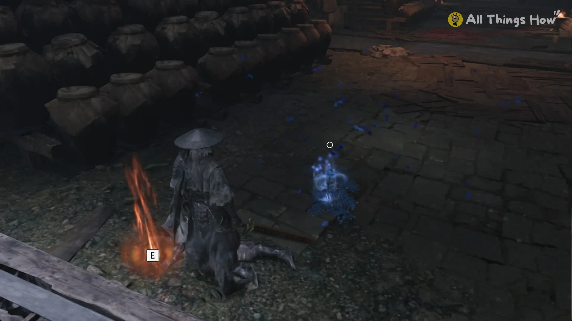 Orange glint of the Mandate Encampment Outer Gate Key beside a memory flower in the jar cellar, Phantom Blade Zero