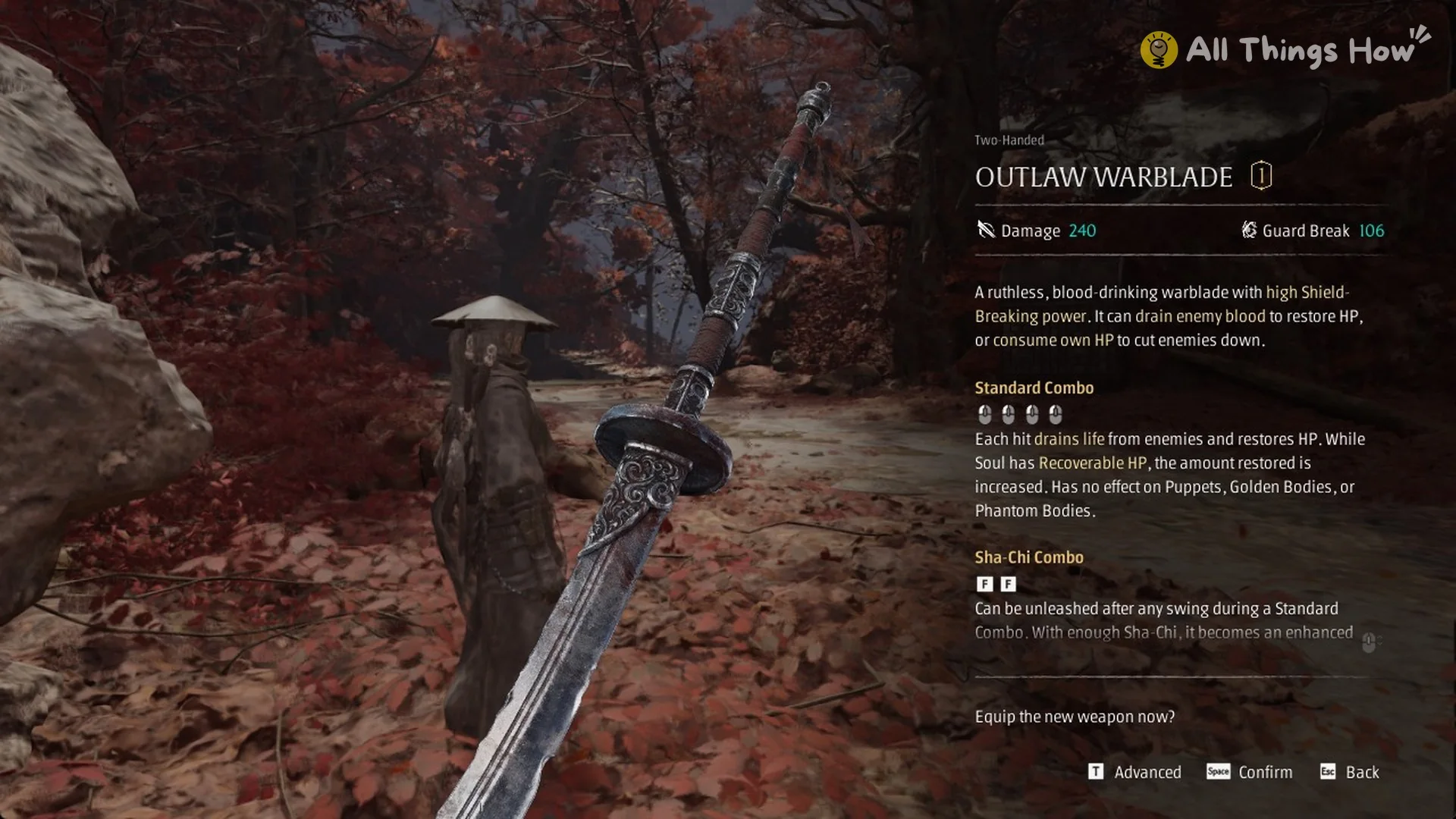 Outlaw Warblade reward card with Damage 240 and Guard Break 106 after beating Jing Ye in Phantom Blade Zero