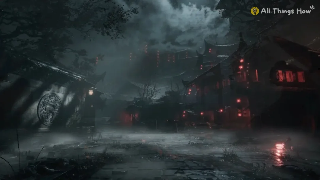 Rain over the red-lit streets of Pangzhen, Phantom Blade Zero