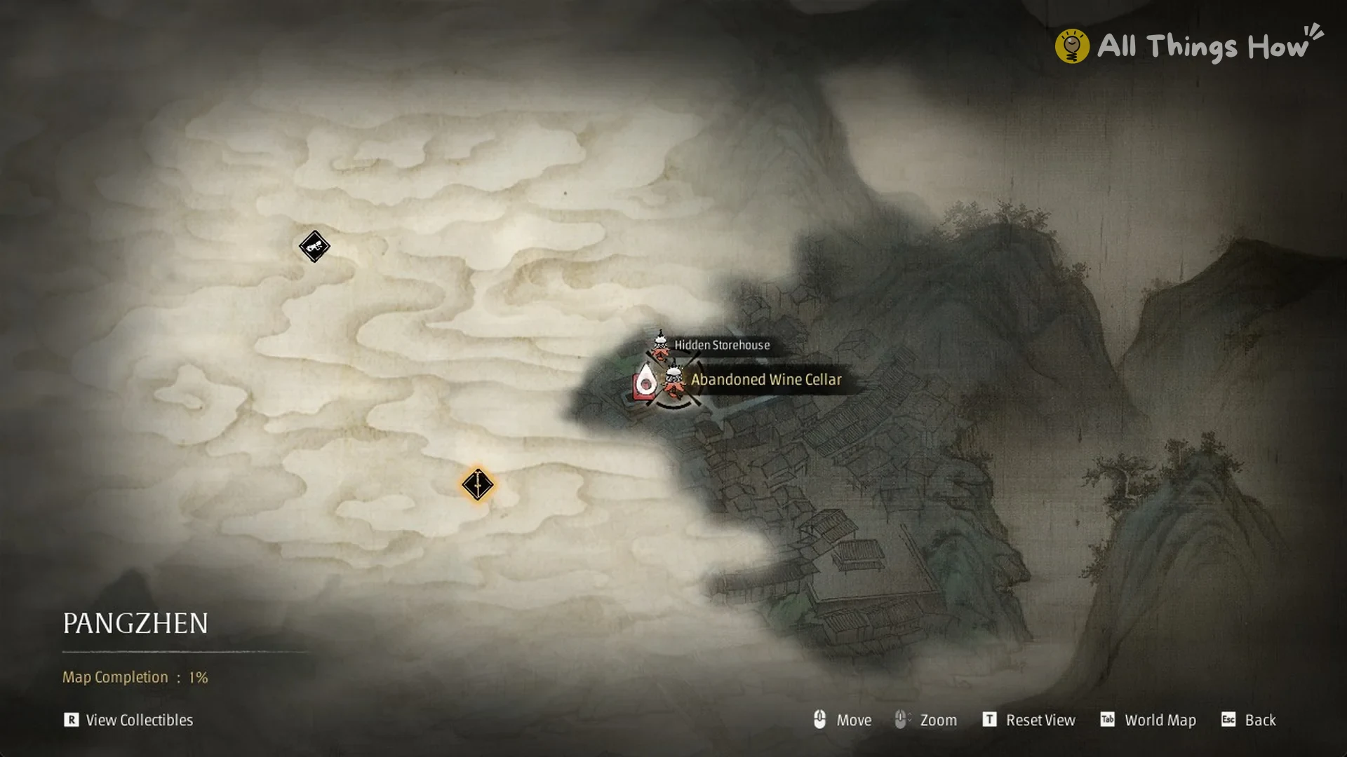 The Pangzhen map showing Map Completion 1% and both bells, Phantom Blade Zero