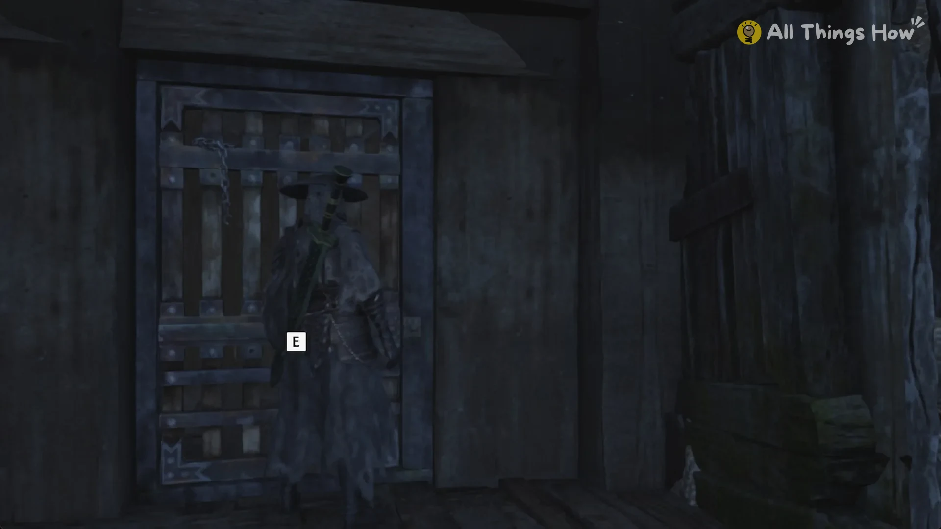 The E prompt at the barred wooden door in the shack above the bell, Phantom Blade Zero