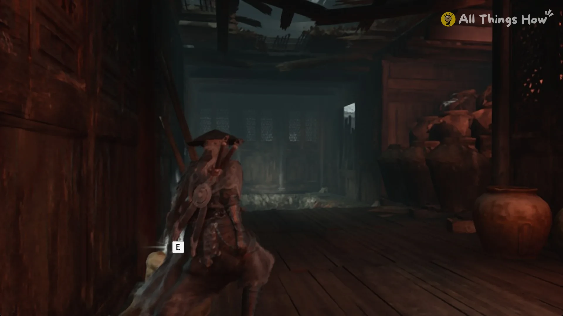 The E prompt at a glint on the warehouse floor by the door frame, Phantom Blade Zero