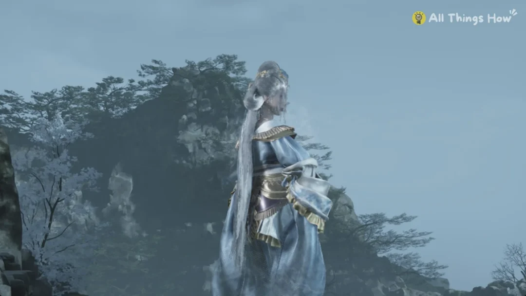 Illusion of Inanis on the misty cliff edge before the Parting Mists bell, Phantom Blade Zero