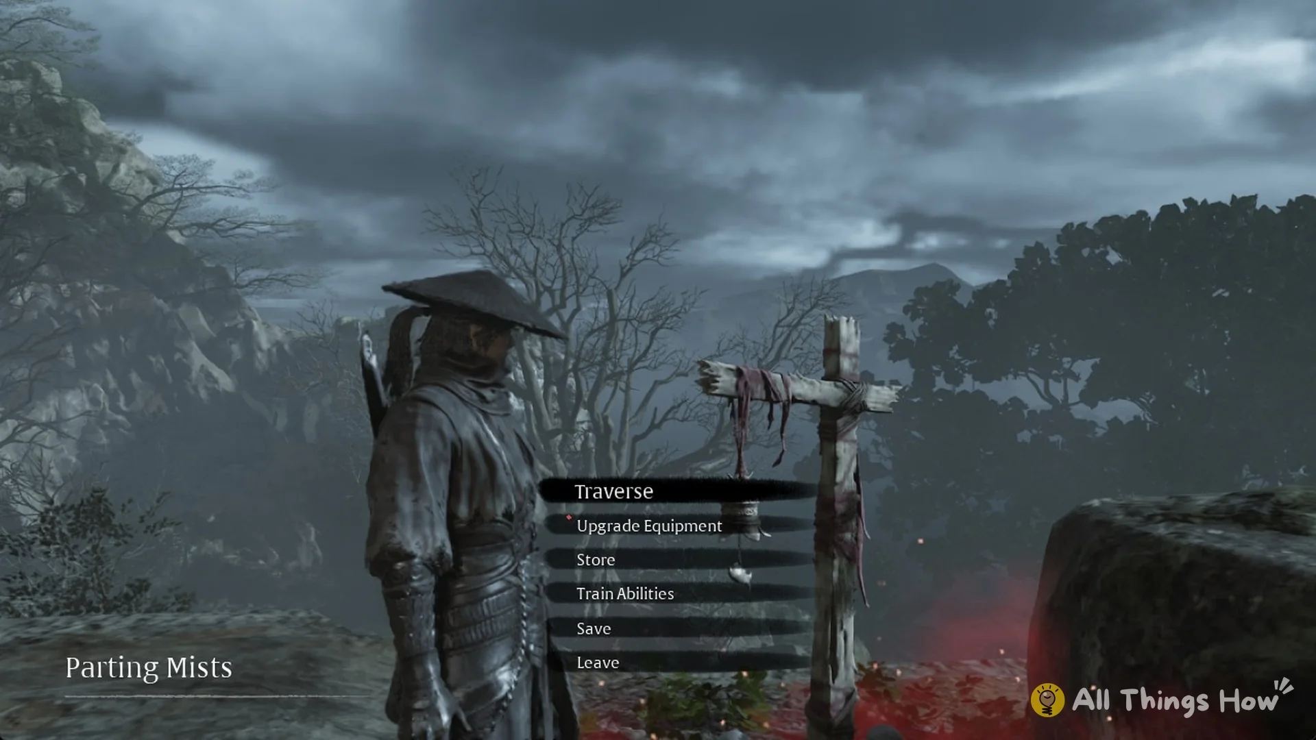 The Parting Mists bell menu with Traverse, Upgrade Equipment, Store, Train Abilities, Save and Leave, Phantom Blade Zero