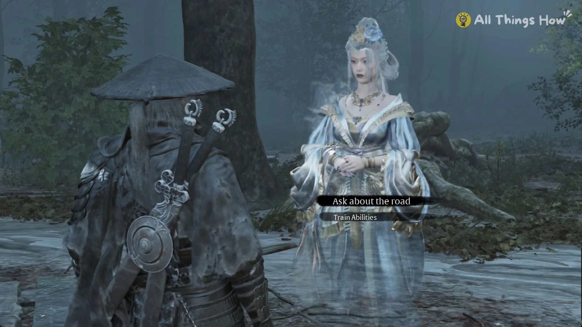Talk menu with Illusion of Inanis showing Ask about the road and Train Abilities, Phantom Blade Zero