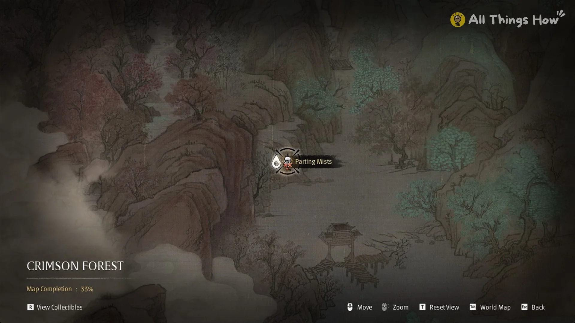 The Crimson Forest map with the Parting Mists label, Map Completion 33%, Phantom Blade Zero