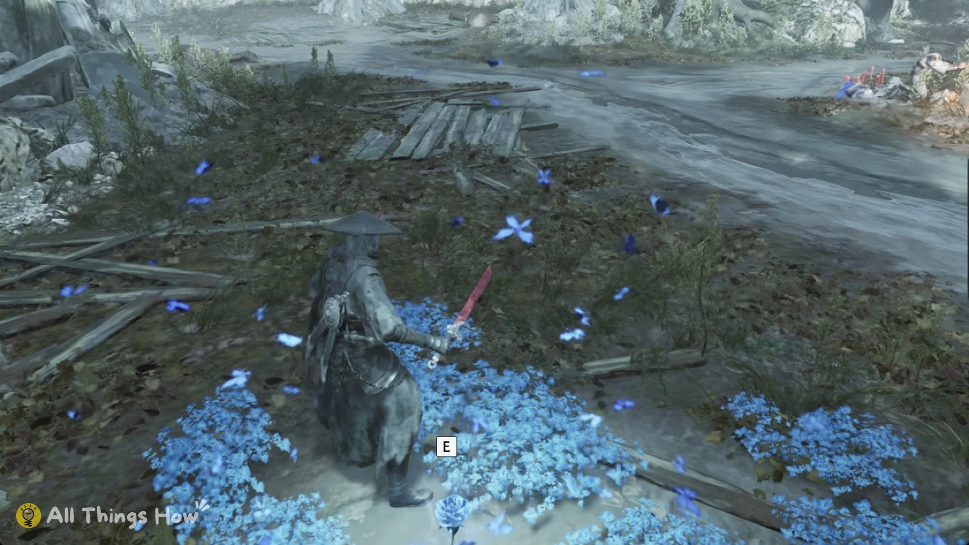 Soul at the blue flower bed in the Burial Grounds clearing with the E prompt, Phantom Blade Zero