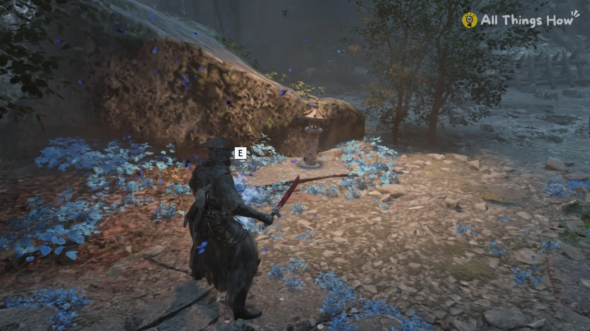 Soul at the blue flowers at the foot of the large rock in the foggy forest with the E prompt, Phantom Blade Zero