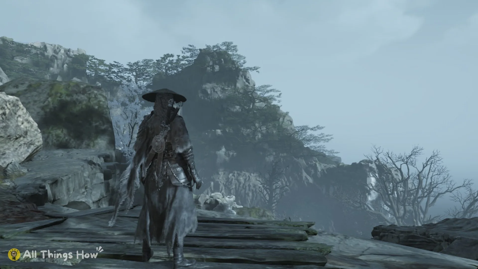 Soul walking out onto the plank ledge on the cliff above the Parting Mists bell, Phantom Blade Zero