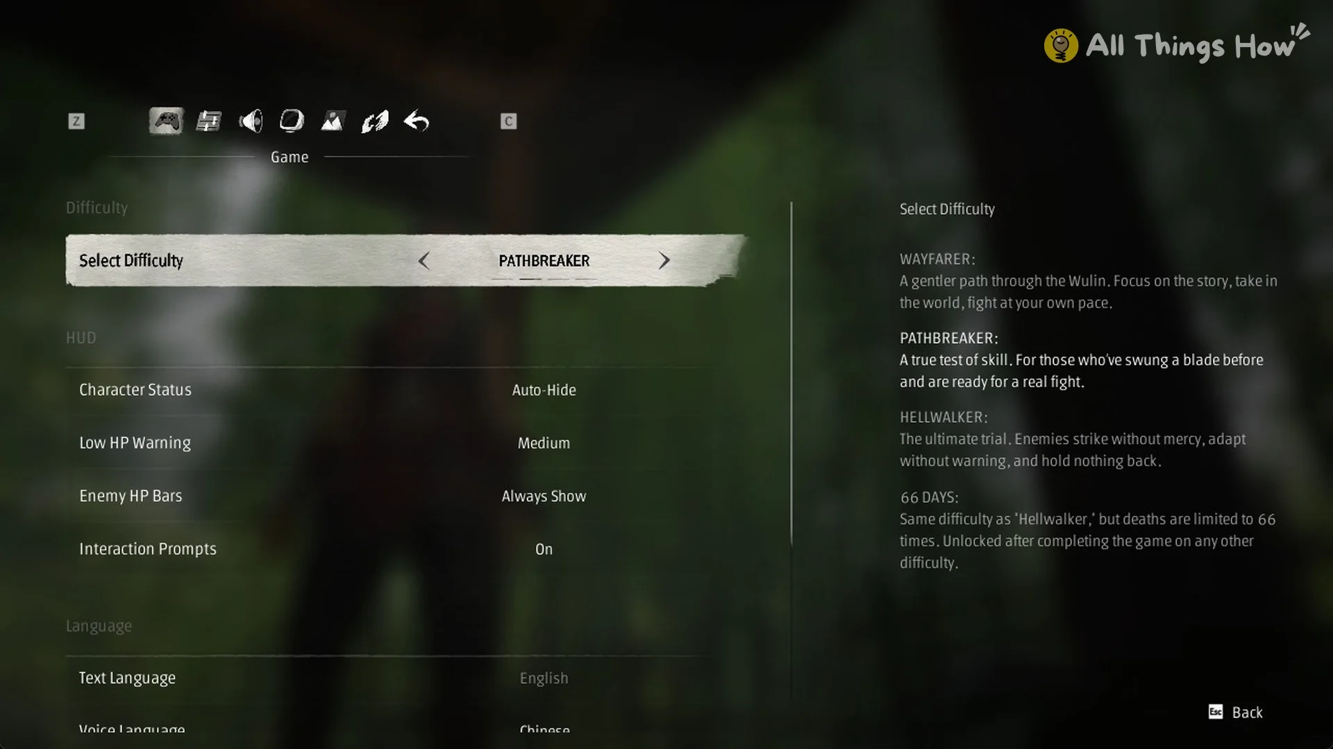 Phantom Blade Zero in-game Settings Game tab with the Select Difficulty row set to Pathbreaker