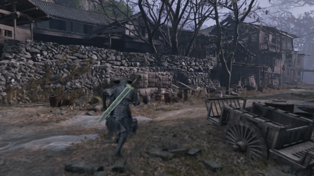 Soul walking past a stone wall and a wooden cart in the Pangzhen backstreet, Phantom Blade Zero