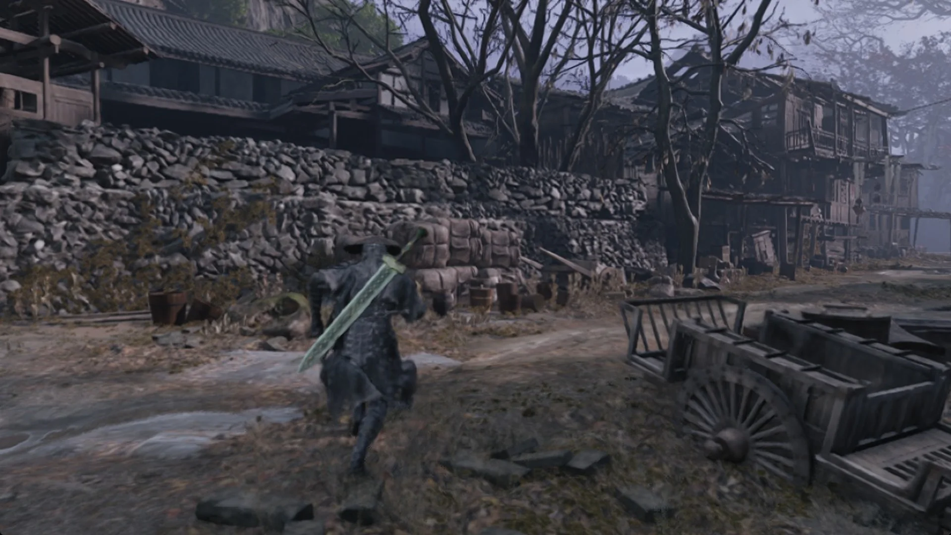 Soul walking past a stone wall and a wooden cart in the Pangzhen backstreet, Phantom Blade Zero