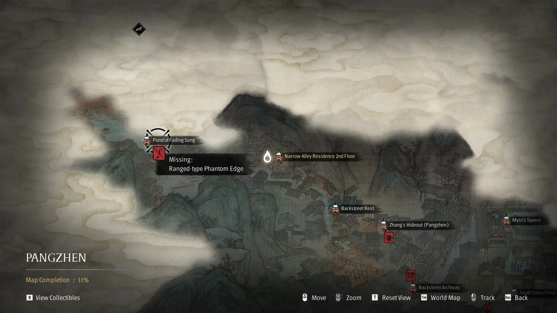The Pangzhen map with the Missing: Ranged-type Phantom Edge tooltip beside the Pond of Fading Song bell, Phantom Blade Zero