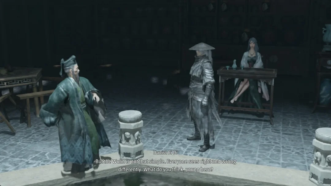 Daoist Bi Di talking with Soul by the koi pond in the Order's Tavern, Phantom Blade Zero